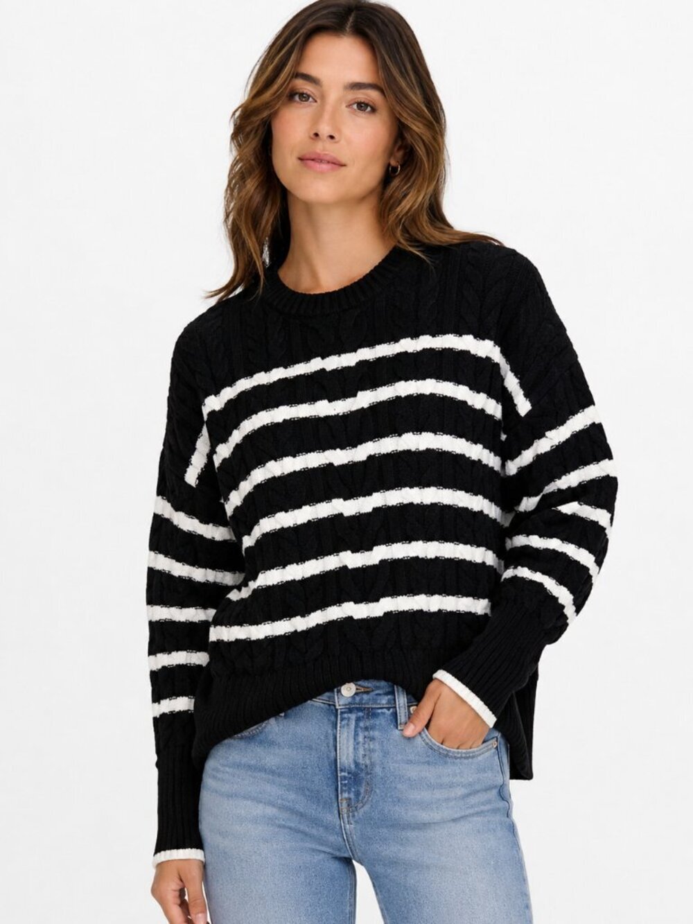 Philosophy Republic Black White Striped Chunky Knit Crewneck Sweater Size S